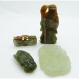 Four pieces of Chinese jadeite and hardstone comprising celadon jade plaque depicting a phoenix