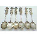 Six Chinese white metal spoons with character decoration