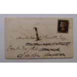 Great Britain 1840 1d black on cover, 4 margin, plate 7 NK, with red Maltese cross cancellation