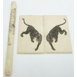 Japanese Meiji period carved ivory panels and cheroot holder, all decorated with tigers