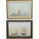 Two Peter Wall maritime watercolours, one 'Cutty Sark, Shangai, 1878' harbour scene, the other