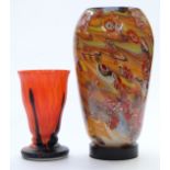 Art glass pedestal vase with mottled decoration, 21cm tall, together with a millefiori glass lamp,