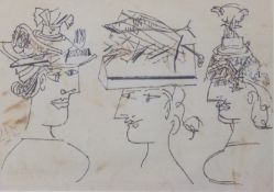 In the manner of Picasso, pen and ink drawing of three ladies in hats, dated 11.3.39 to left hand