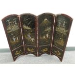 Japanese lacquer four-fold screen with inlaid abalone and gilt decoration depicting various