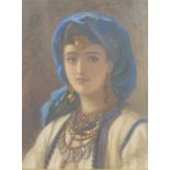 Late 19th/early 20thC watercolour Middle Eastern lady wearing jewellery, 38 x 28cm, in gilt frame