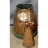 A copper churn with swing handle and a jug, tallest 60cm