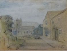 J Turner pastel village scene with church, dated 1983, 18 x 13cm, framed and glazed