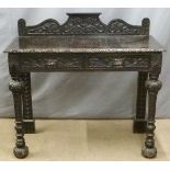 Victorian carved oak hall table with two drawers, W107 x D53 x H100cm