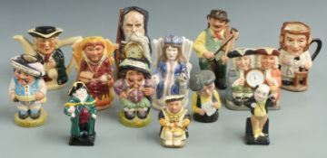 Thirteen Royal Doulton items including Toby jugs, Dickens figures, clock and a teapot