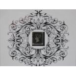 A penny black stamp, TJ, black Maltese Cross, four margins, in a silver plated frame