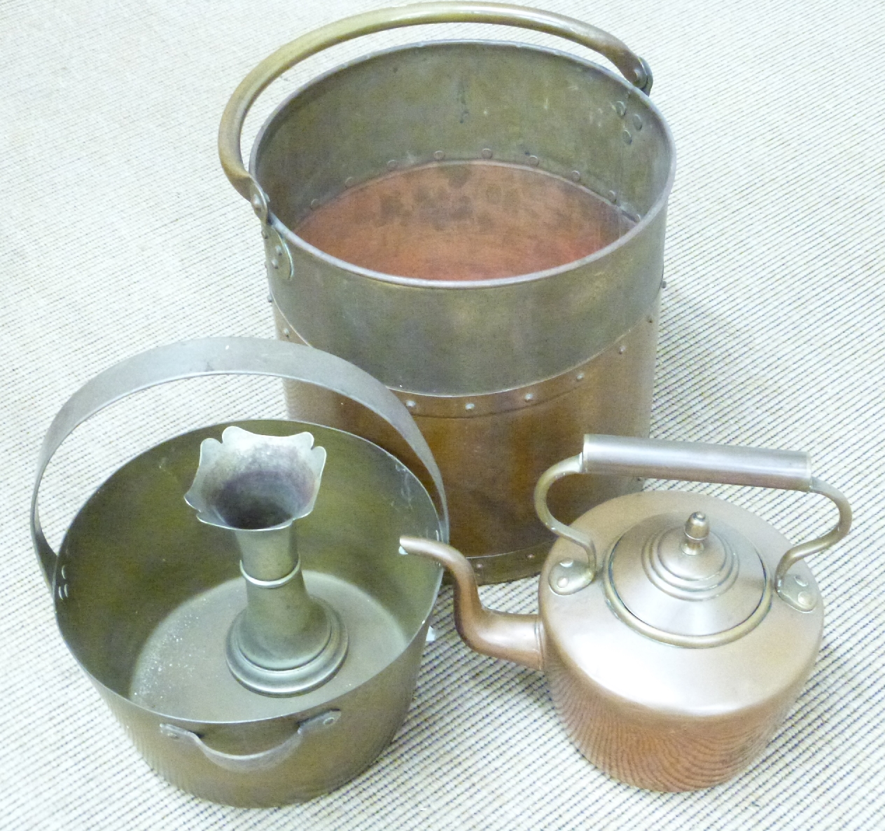 Five copper and brass coal scuttles, additional jam pans, watering can, kettle etc, tallest 53cm - Image 2 of 9