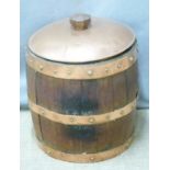 A coopered oak copper bound coal bucket with lid, H43cm