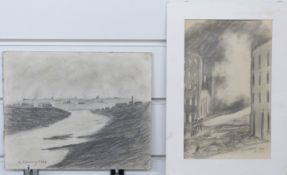 After L.S Lowry RBA RA (1887-1976) two pencil sketches, the first a Manchester blitz scene, 23 x