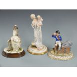 French porcelain figure of an invalid soldier saluting next to a mortar, Galicia Spanish figurine