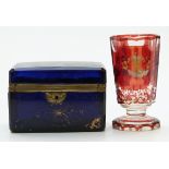 A 19thC blue glass casket with hinged lid and gilt decoration, 14.5x8.5x9.5cm, together with a flash