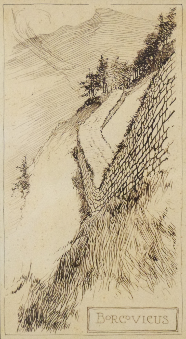 Frank Patterson (British 1871-1952): Two pen and ink drawings 'Borcovicus' and 'The Lakes and - Image 3 of 3