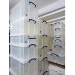 Twenty-three Really Useful Box Company plastic boxes, largest 84 litres