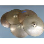 Five cymbals including Paiste 2000 16" crash, Paiste 2002 hi-hat etc