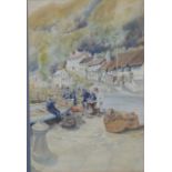 R. Cooke (20thC) watercolour Devon or Cornish scene, quayside with houses rising sharply on street