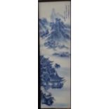 Chinese porcelain plaque decorated with a landscape scene and with calligraphy top right, 72 x 21cm