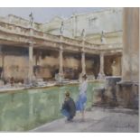 Dennis Page (1930-British) watercolour, 'Bath' interior scene of the Roman baths, signed lower