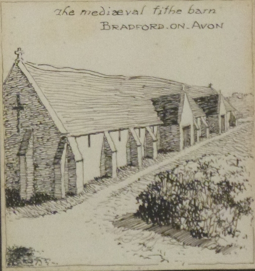 Frank Patterson (British 1871-1952): Two pen and ink drawings 'The Mediaeval Tithe Barn, Bradford on - Image 3 of 4