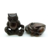 Japanese dark wood netsuke depicting a coiled octopus or squid, together with a vintage dark wood