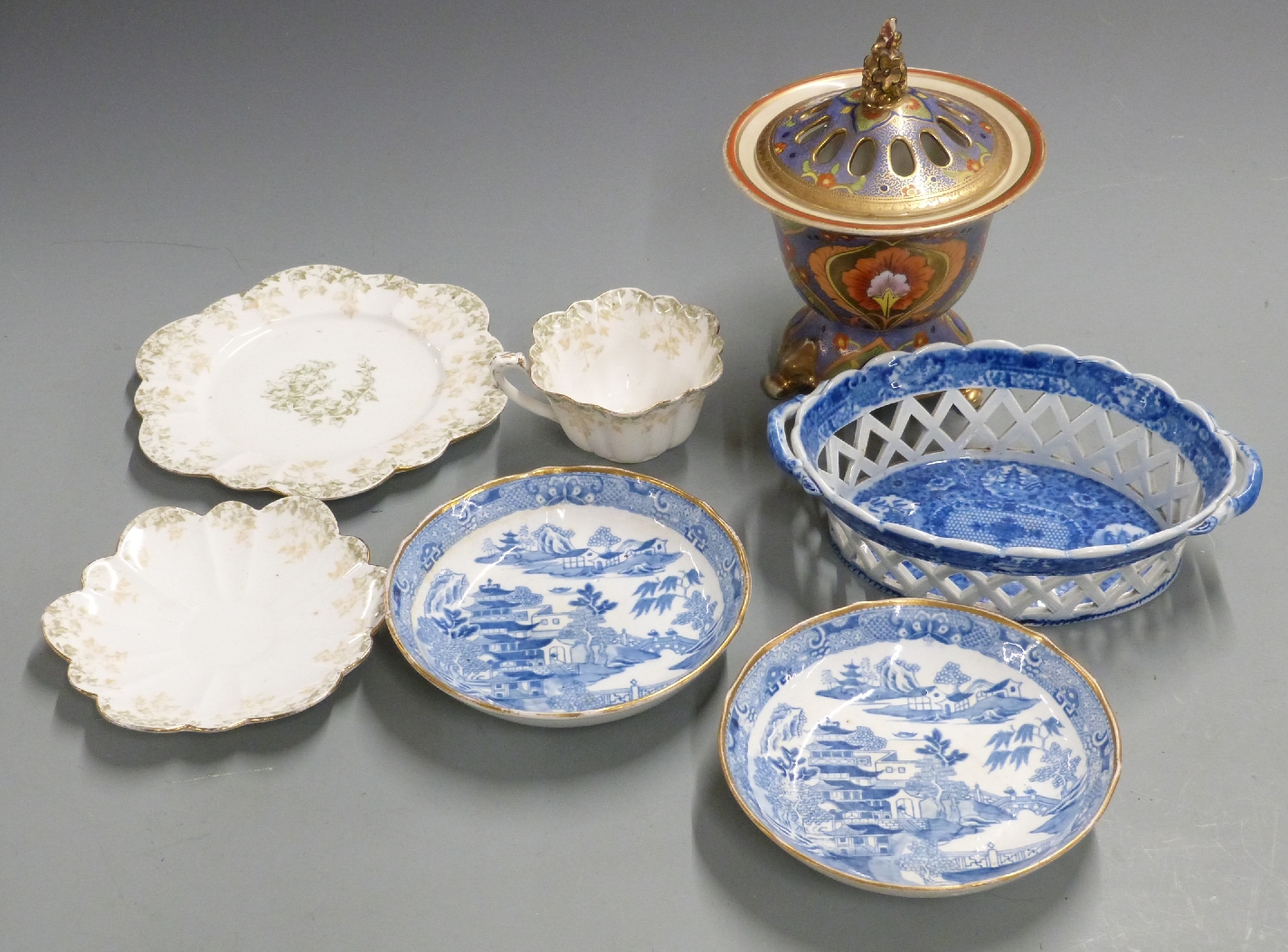 A 19thC blue and white porcelain chestnut basket, two saucers, Foley trio and a Noritake pot pourri