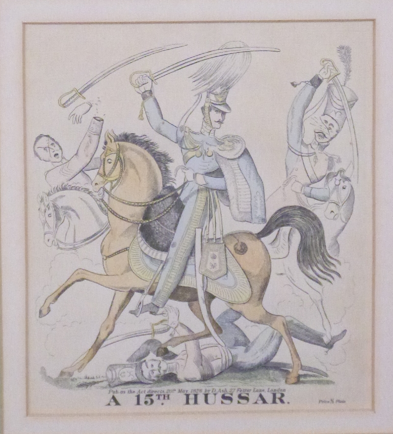 Four 19thC style coloured military engravings of 9th, 12th Lancers, 15th Hussar and 17th Light - Image 3 of 6