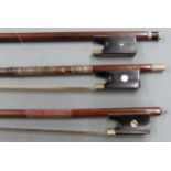 Three round stick violin bows, one with Parisian eye by Bausch, weights 45g, 52g and 57g