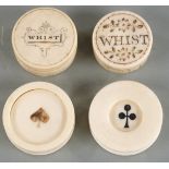 Four ivory and similar whist marker containers, two with 'Whist' to lids, all with counters