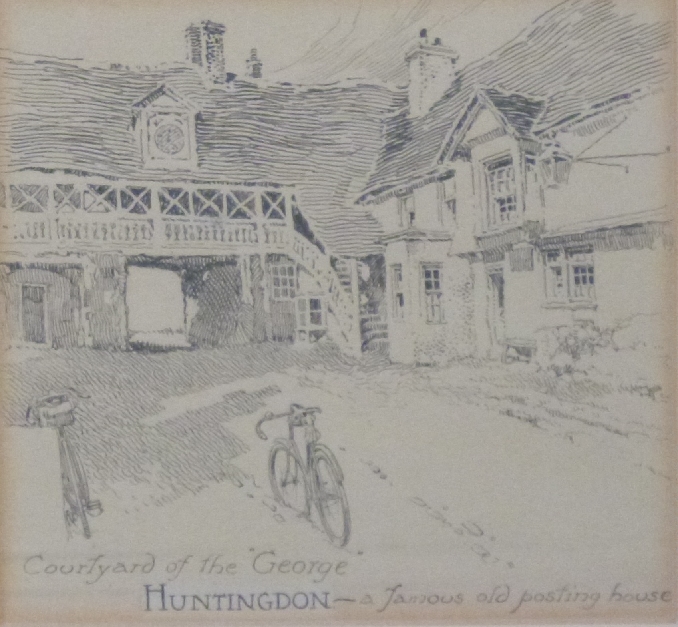 Frank Patterson (British 1871-1952): Two pen and ink cycling related drawings 'Courtyard of The - Image 3 of 4