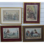 William Heath (1795-1840): Four framed 19thC hand-coloured satirical etchings. Subjects include 'The