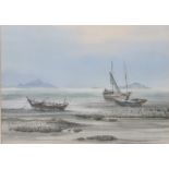 Watercolour calm seascape with three fishing boats on beach, 27 x 36cm, framed and glazed