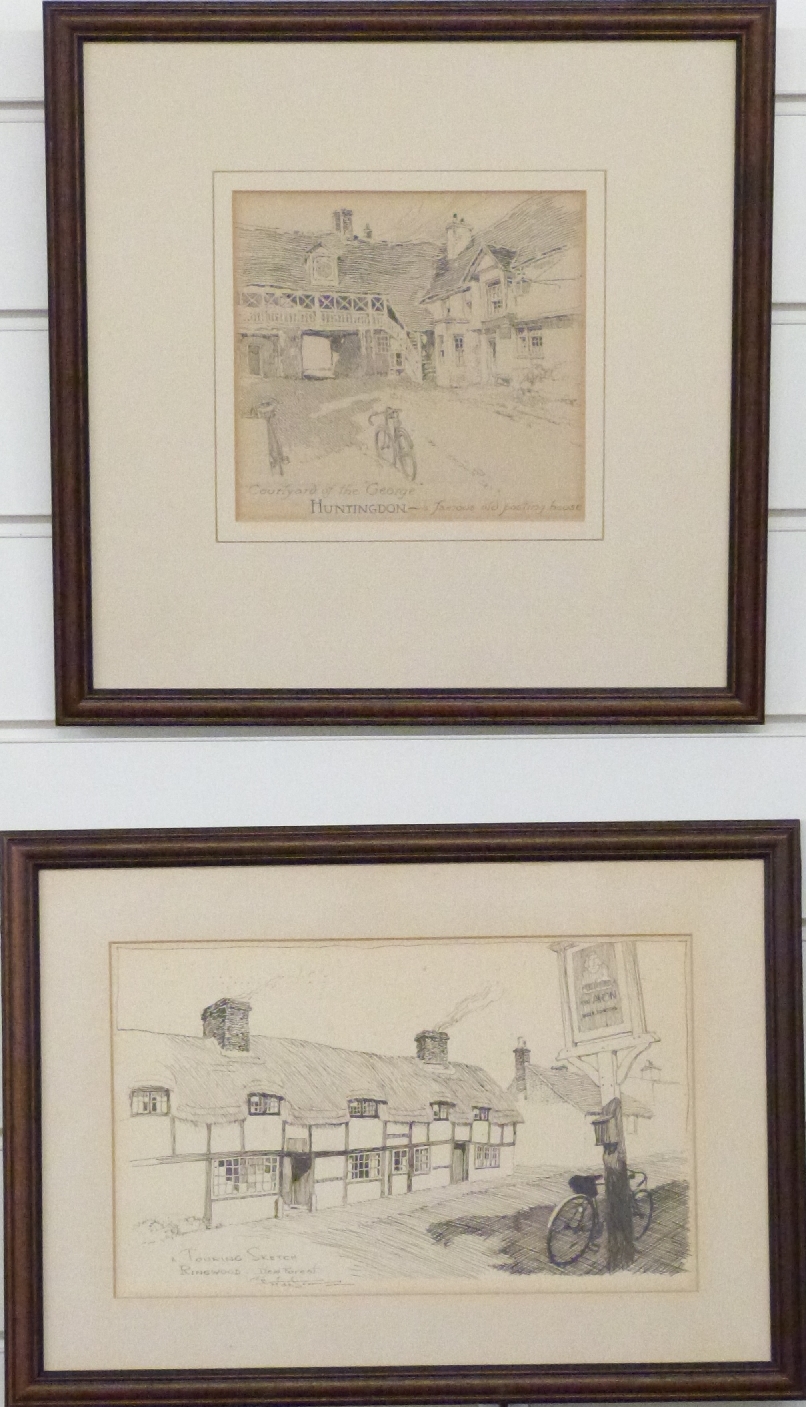 Frank Patterson (British 1871-1952): Two pen and ink cycling related drawings 'Courtyard of The