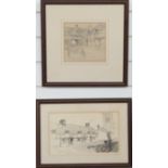 Frank Patterson (British 1871-1952): Two pen and ink cycling related drawings 'Courtyard of The