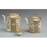 Two 20thC Chinese famille rose tea pots and a famille rose broth spoon, largest 17cm tall