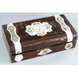 Metal and faux ivory bound playing card box with central panel depicting playing cards, opening to