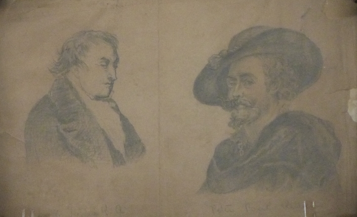Pencil drawing of Turner and Rubens in carved wood frame
