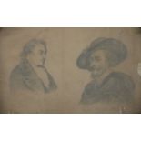 Pencil drawing of Turner and Rubens in carved wood frame