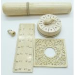 Late 19thC ivory whist marker, carved ivory panel, bone container with Spillikins game, a