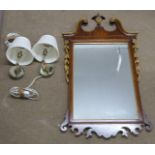 Two brass electric wall lights with mirror backs and a mahogany wheatear mirrors with gilt