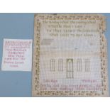 Oakridge Sunday School sampler dated 1872 together with France Lynch School stitching by Alice