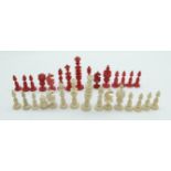 A 19thC / 20thC carved bone miniature part chess set, height of king 3.2cm (29 pieces)