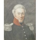 19thC pencil and watercolour Belgian military portrait, label verso dated 1863 indisinctly marked