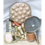 Copper pans, large tankard, brass dallah, gilt metal candlesticks, brass picture frames etc