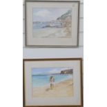 Pair of beach watercolours, lady on a beach dated 91 and man with boats beyond, both 21 x 27cm,