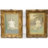 Pair of early 20thC watercolours of young girls, one outside with a toy, 23 x 15cm, in ornate gilt