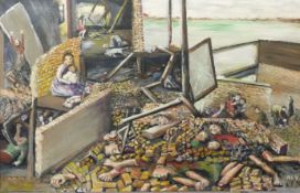 1960s acrylic on canvas, war or natural disaster aftermath, several bodies and survivors amongst