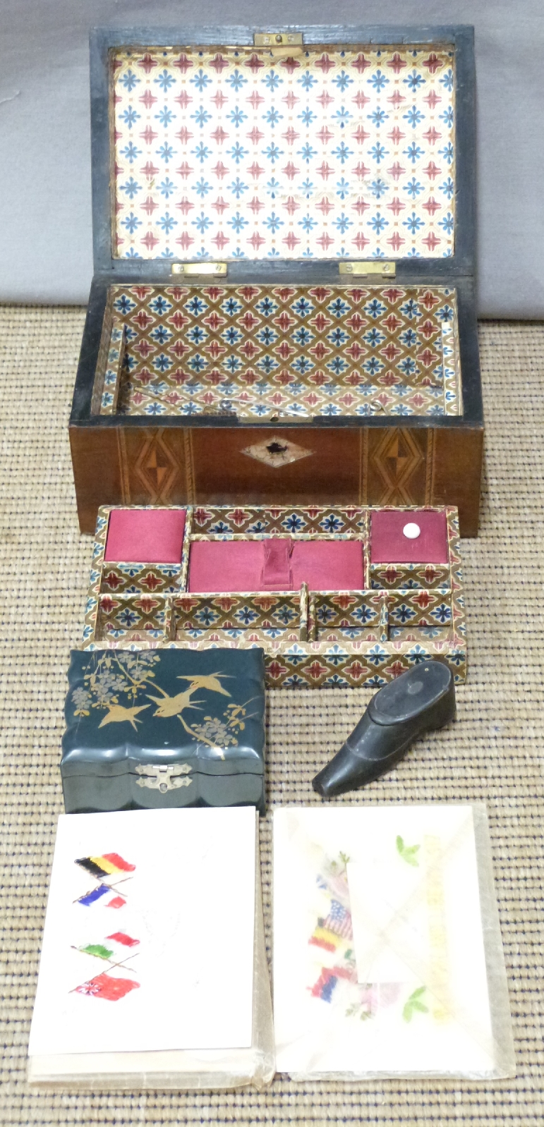 An inlaid box, Japanese box and snuff boxes